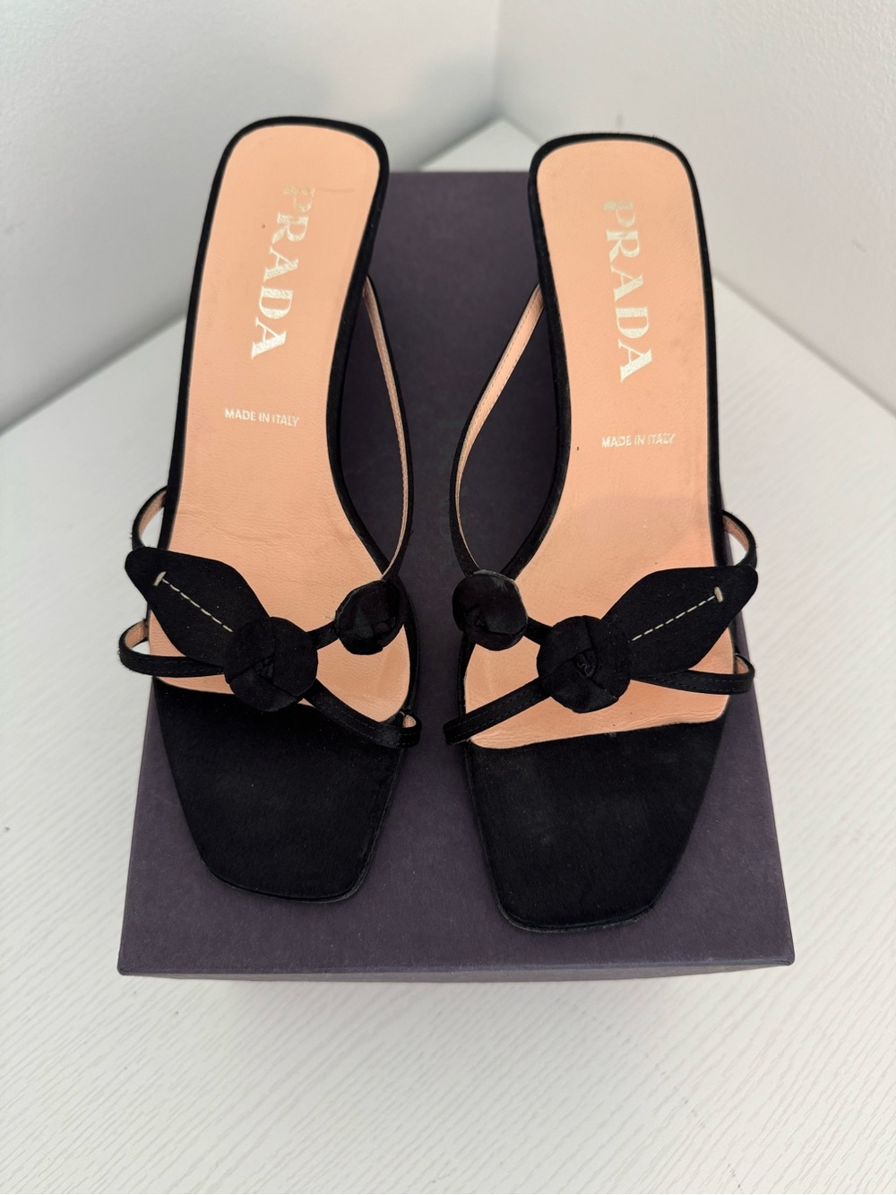 PRADA Vintage Black Silk Rosebud Flower Square Toe Sandal Kitten Heels EU 37 - Picture 7 of 10